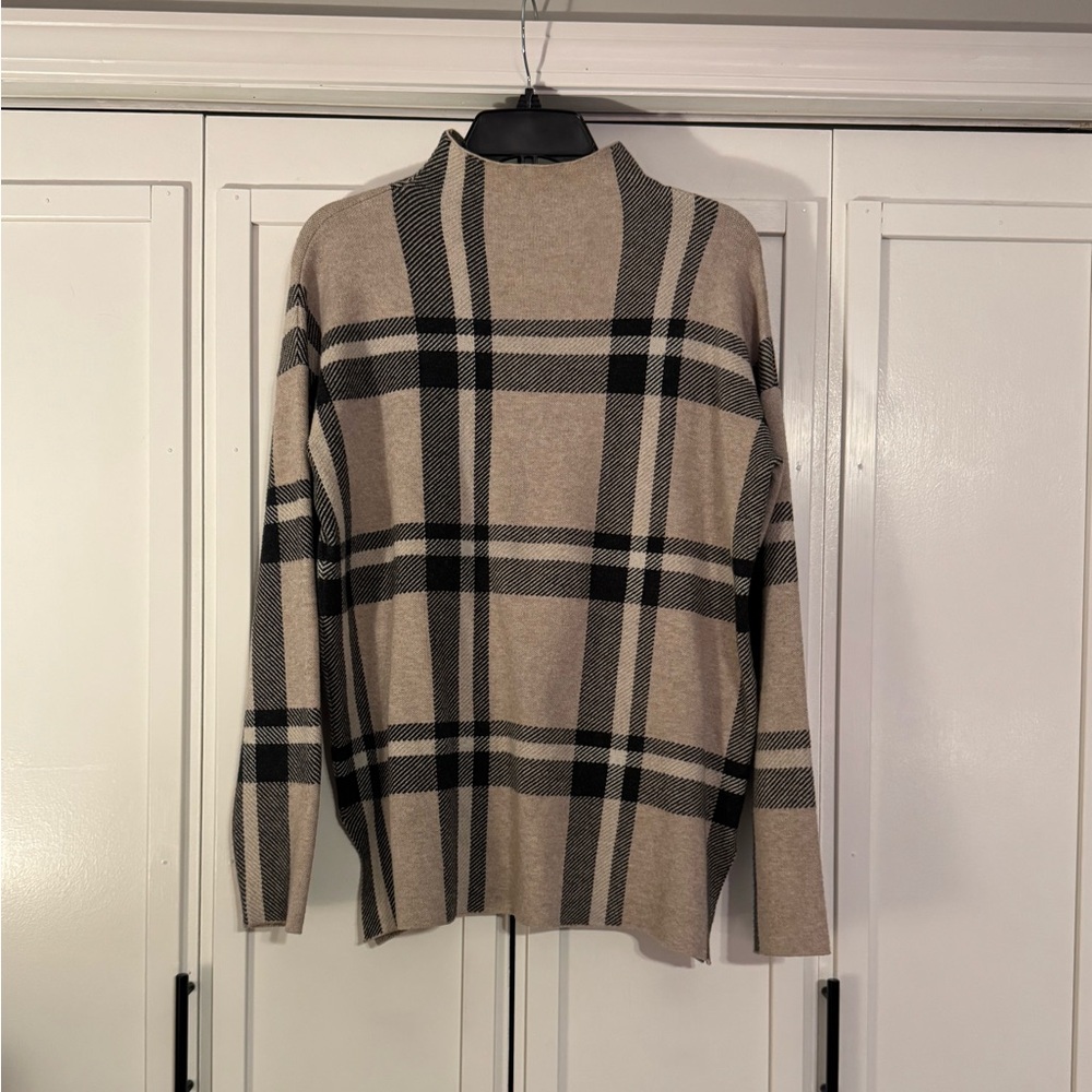 Max Studio Plaid Mock Neck Sweater in Beige and Black